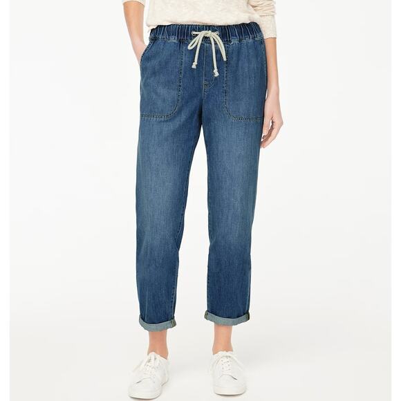 J.Crew Denim Drawstring Jeans SZ 30 East Harbor Wash Elastic Waist Slant Pocket - Picture 1 of 9